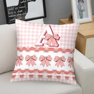 Coquette Pink Plaid Bow Cute Letter A-Z Digital Print Throw Pillow, Stylish Square Cushion Accent Pillow Includes Pillow Core, Soft Cozy,Perfect for Sofa, Couch, Bedroom, Living Room, Dorm, Ideal Girly Gift for Girls & Teens, Soft Cushions