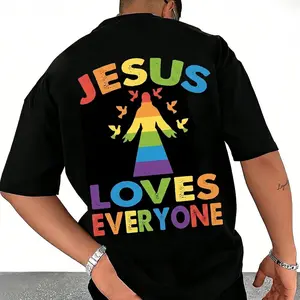 Jesus Loves Everyone Rainbow Print T-Shirt, LGBTQ+ Christian Pride Tee Shirt Round Neck