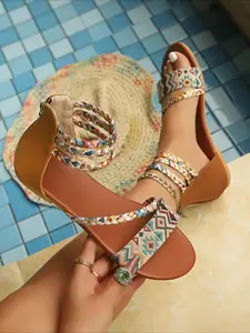 Summer New Ethnic Embroidered Thong Strappy Summer Sandals, Bohemian Vintage Casual Beach Flat Women Shoes, Boho Sandals
