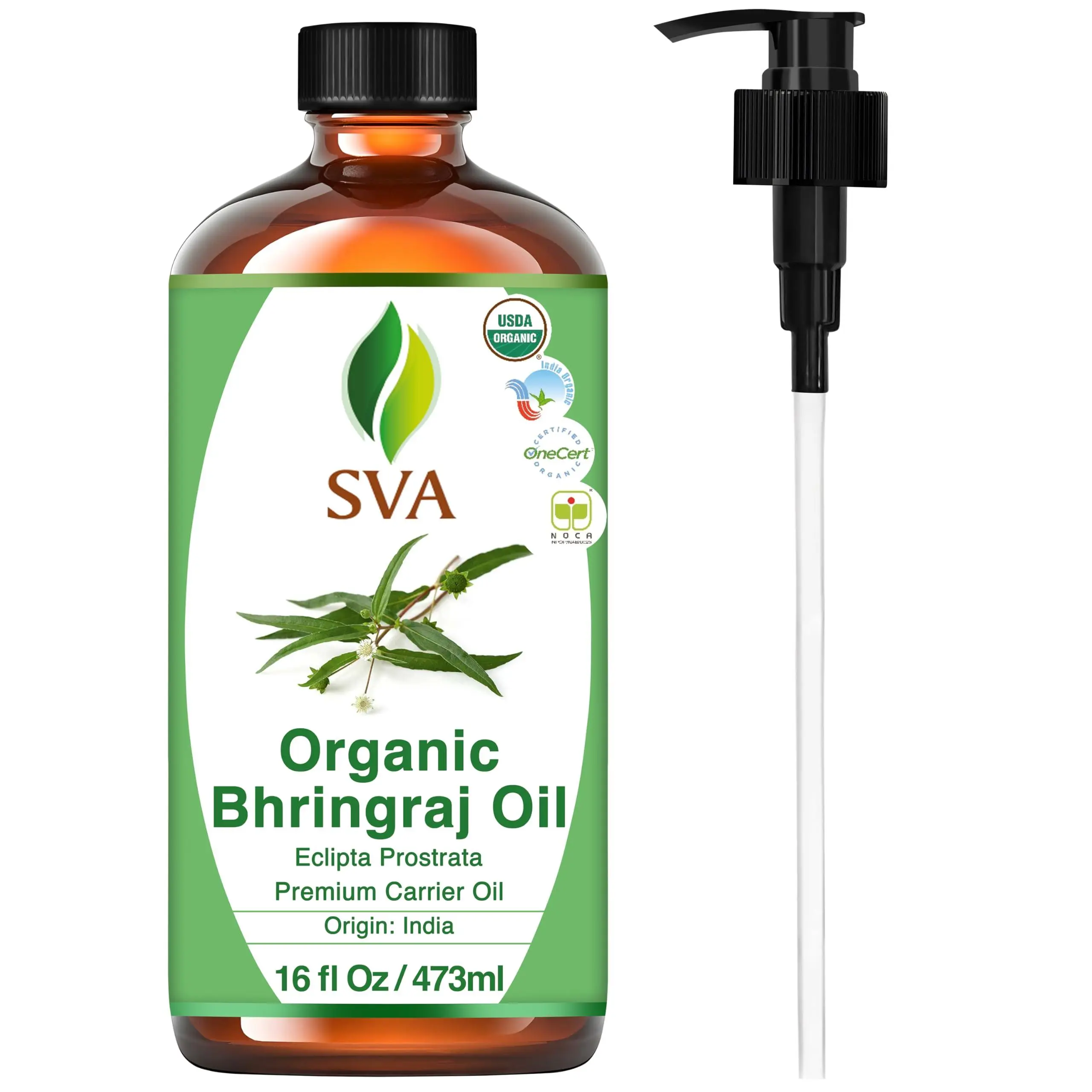 SVA Organic Bhringraj Oil 16oz (473ml) Premium Cruelty-Free Unisex Cosmetic Carrier Oil with Dropper Included - Nourishing Herbal Scalp Care, Adult Scalp Massage Treatment