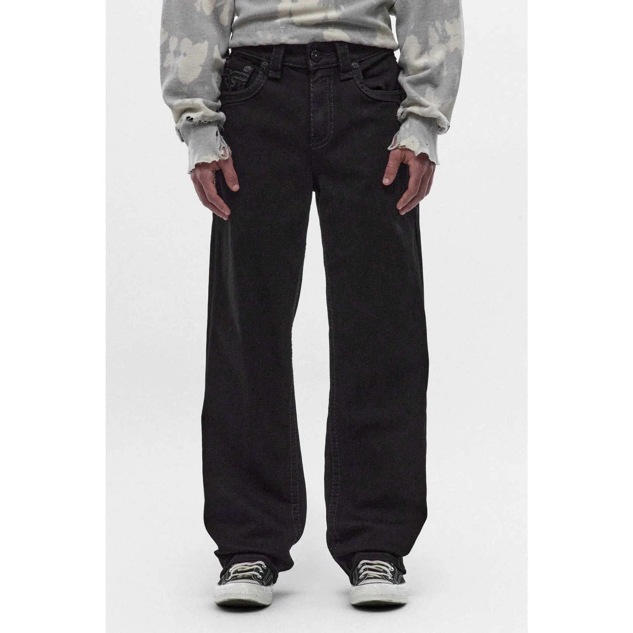 Men's Baggy Arther Jeans - Classic Black Stretch Denim Bottoms with Fleur-de-Lis Embroidered Pockets, Leather Patch, Drape Fit for Everyday Wear, Pocket, Pants, Relaxed Baggy
