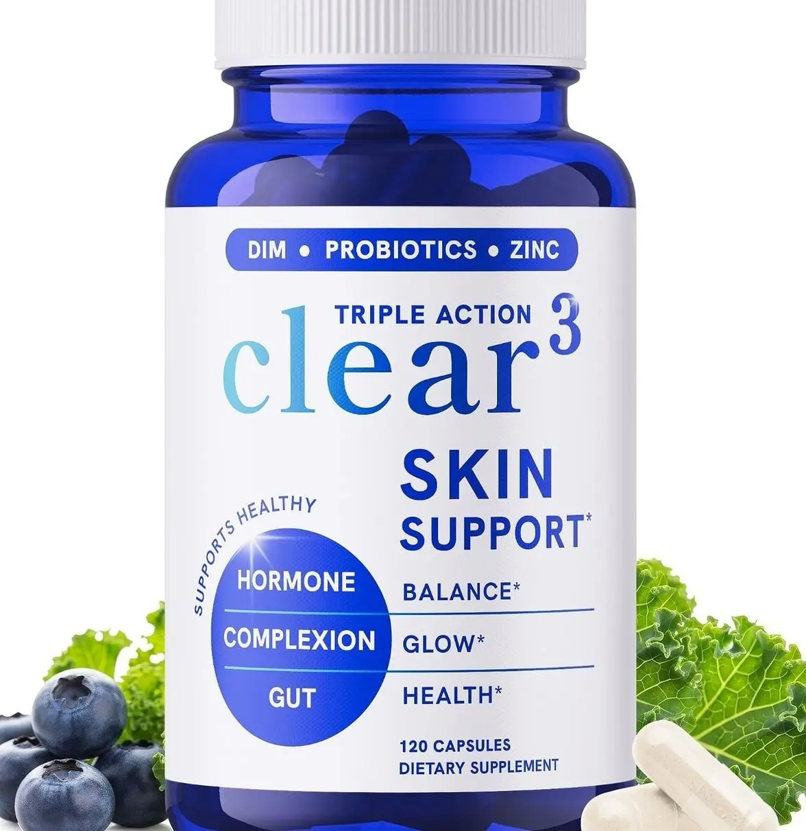 Clear Skin Supplement with Zinc, DIM & Probiotics | 3-in-1 Hormone, Gut & Complexion Support | Triple Action Hyaluronic Acid, Niaciminide & Vitamins for Skin Balance, Glow & Health Support | 120 Ct