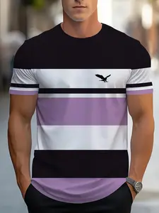 Men's fashion trend 3D digital printed striped T-shirt new men's casual versatile round neck short sleeved shirt Menswear