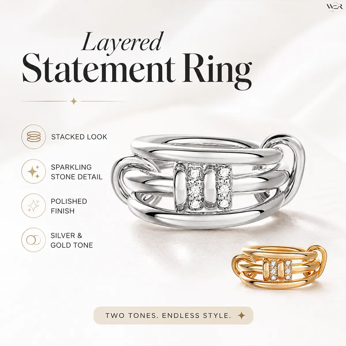 Women's Statement Decorative Ring - Modern Layered Cluster Design, 17.3mm Sparkly Gold Ring Stack with Crystal Detail, Lightweight Feminine Costume Jewelry for Daily, Special Occasions