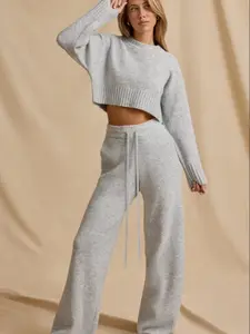 Women's Autumn Winter Casual Warm Knit Sweater Set, Solid Color Cropped Short Pullover, Long Sleeve Loose Fit Pants, Two-Piece