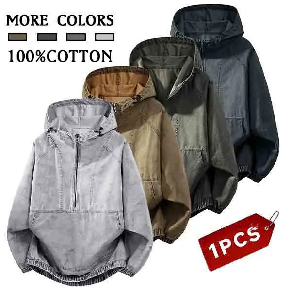 1-pack men’s 100% cotton denim half-zip hooded jacket — casual street-style pullover hoodie jacket