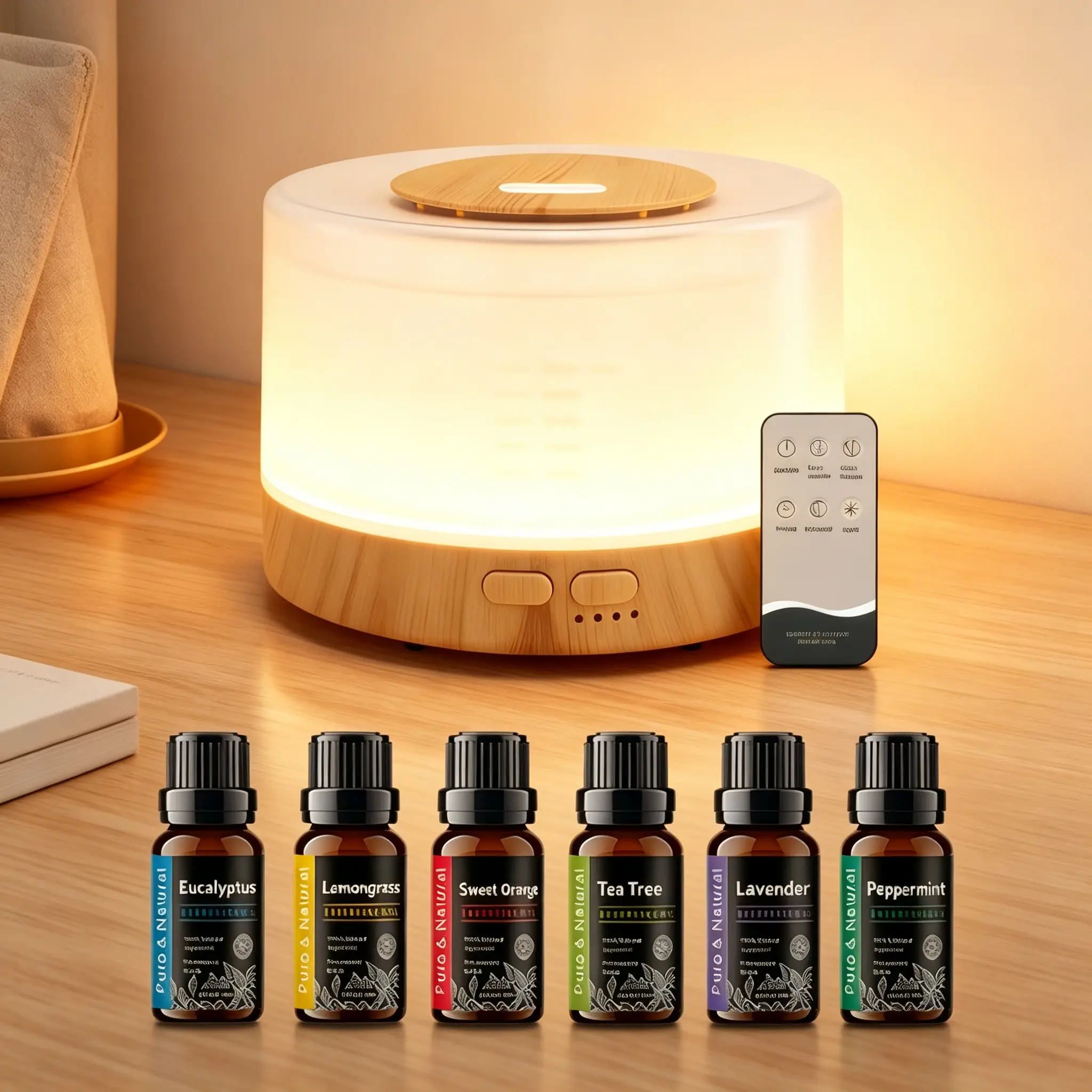 500ml Remote Control Aromatherapy Diffuser & Humidifier Set - 7 Color LED, Whisper Quiet, Auto Shut-Off, with 6 Essential Oils for Bedroom Home
