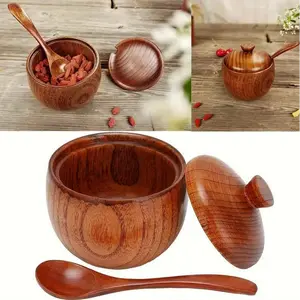 Retro Condiment Jar Solid Wood Seasoning Box With Spoon And Lid