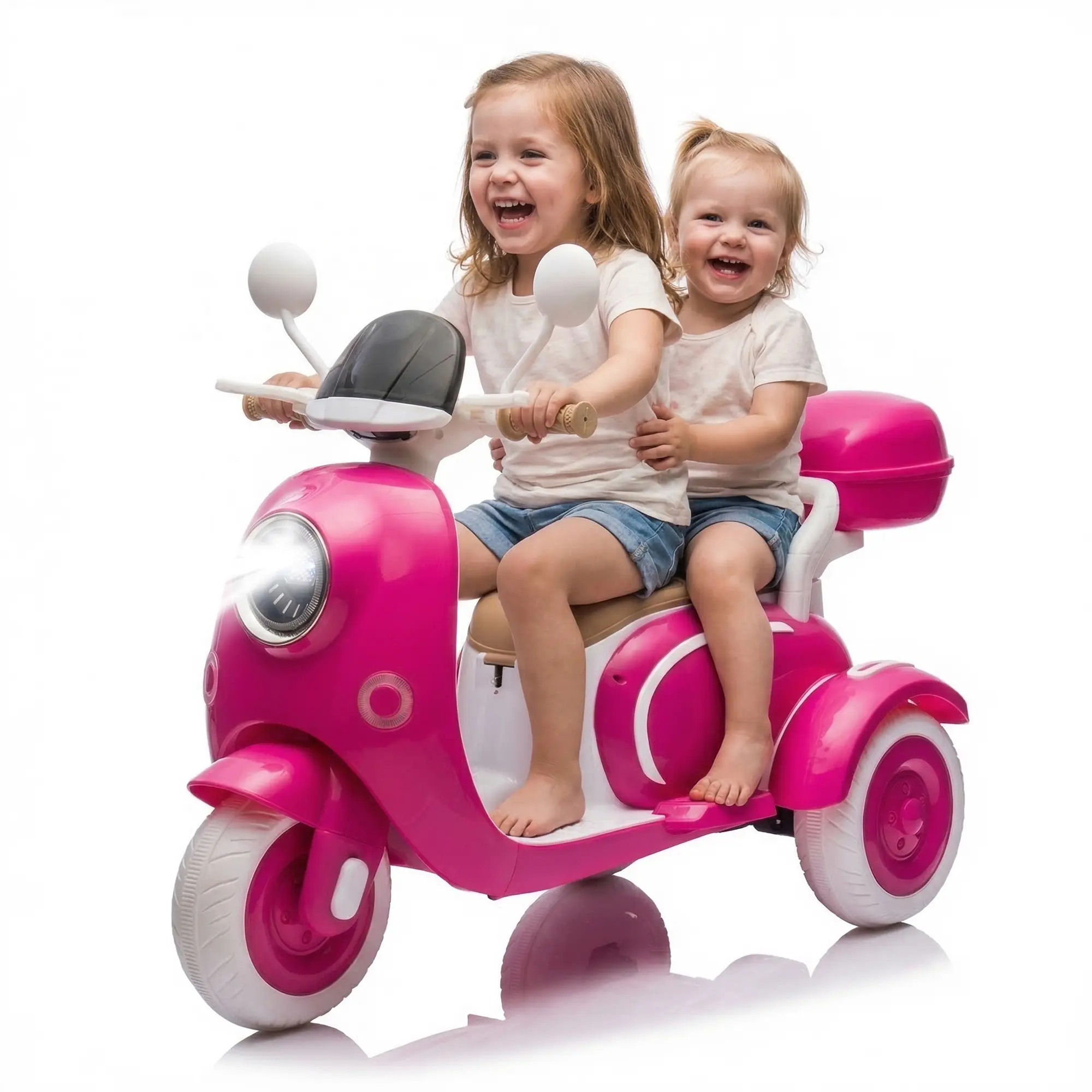 Mersco 12V Unisex Rechargeable Battery Kids Electric Tricycle - 2-Seat Ride-On Toy for 3-6 Year Olds, Built-In Dual 30W Motors, Steel Frame, USB Bluetooth, Lights, Storage Box, Blush Pink, Unisex Names