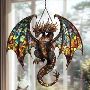 Two-Headed Dragon Acrylic Window Hanging - Faux Stained Glass Fantasy Creature Decor - Gothic Gift For Mythical Art Lovers