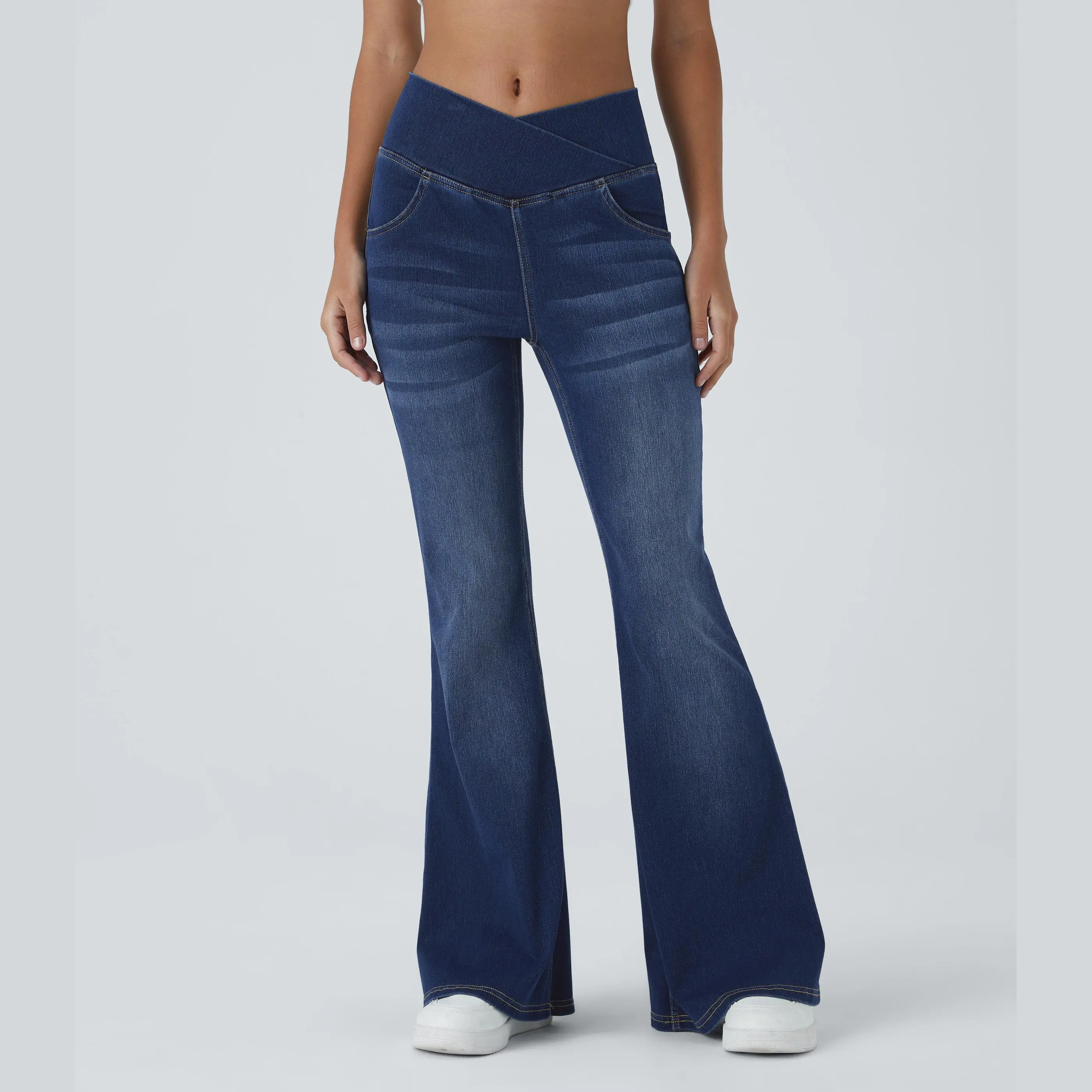 Halara Flex High Waisted Crossover Pocket Washed Casual Flare Jeans Halara Flex High Waisted Crossover Pocket Washed Casual Flare Jeans