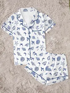 Women's Nautical Seashell & Starfish Print Pajama Set, Short Sleeve Button Down 2-Piece Loungewear, Cute Blue Ocean Themed Sleepwear with Bow Details，Cute Ocean Vibe Sleepwear for Summer， Sleepwear for Lazy Days