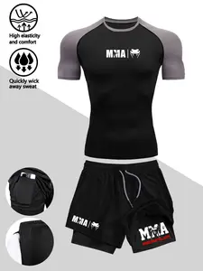 Men's Sporty Two-Piece Set, Athletic Set, Tight-Fit Short Sleeve Snake Head Mma Print Top, Multi-Pocket Knee-Length Shorts, Training Clothes, Sportswear Clothing, Ideal for Running, Basketball, Gym