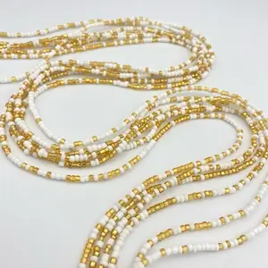 White & Gold Waist Beads – African Waist Jewelry, Body Jewelry – Tie-On (45”-50”) – Add to Cart, Buy Now – Elegant & Stylish – Price Per Item