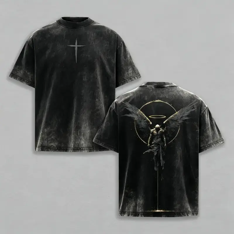 Men's Oversized Heavy Cotton Top, Gothic Faith Fallen Angel & Crusader Print, Pre-Washed Vintage Acid Wash, Rib Collar, Free Expedited Shipping, Streetwear, T Shirt,back to school,back to school shopping