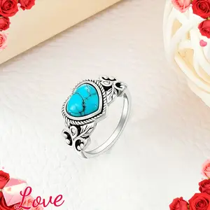 Charming Retro Heart-Shaped Synthetic Turquoise Ring, Featuring a Bohemian Style And Intricately Carved Flowers, Ideal for Weddings And Birthdays - a Perfect Daily Fashion Accessory for Teenager., For Teenager