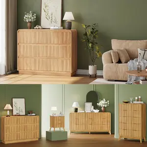 Fluted 6 Drawer Dresser for Bedroom, 48" Wide Handleless Chest of Drawers with Curved Profile Design, Modern Wooden Dresser TV Stand with Organizer Storage for Living Room, Entryway, Natural Oak