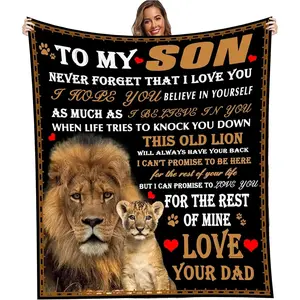 to My Son from Dad Flannel Blankets Soft Lion Throw Blankets Fit Bed Couch Sofa Custom Plush Blanket Gift for Birthday Christmas Family Holiday