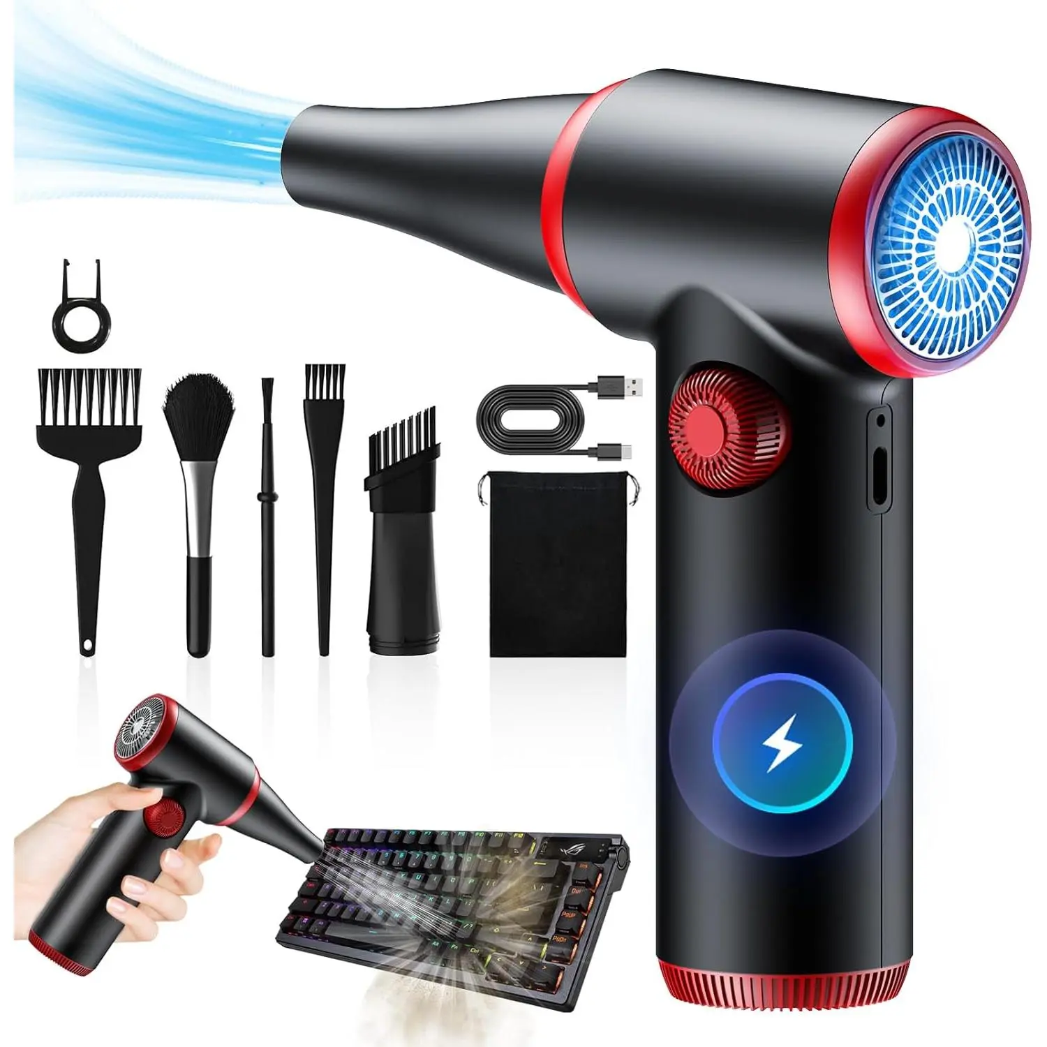 Compressed Air Duster, Stepless Speed Electric Air Duster, 100500RPM Cordless Air Duster with LED Light, Rechargeable Air Blower Replaces Canned Air, Keyboard Cleaner for Laptop, PC