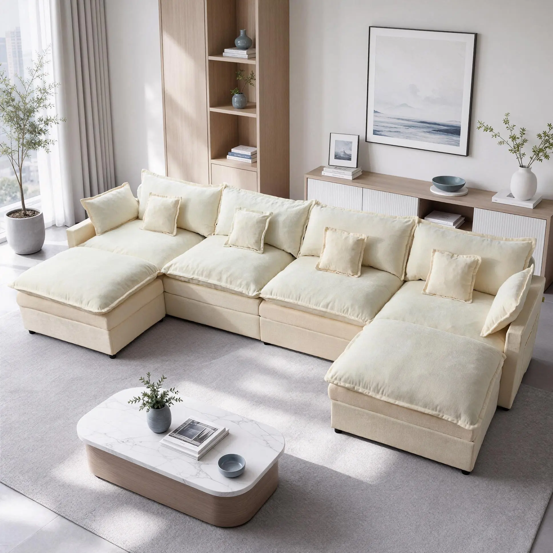 CAODOC Oversized U-Shaped Modular Sectional Sofa with 2  Movable Ottomans, Comfy Chenille Cloud Couch, Deep Seat Sofa Bed with Pillows for Living Room, Bedroom & Apartment 【2/3 Packages Shipping】