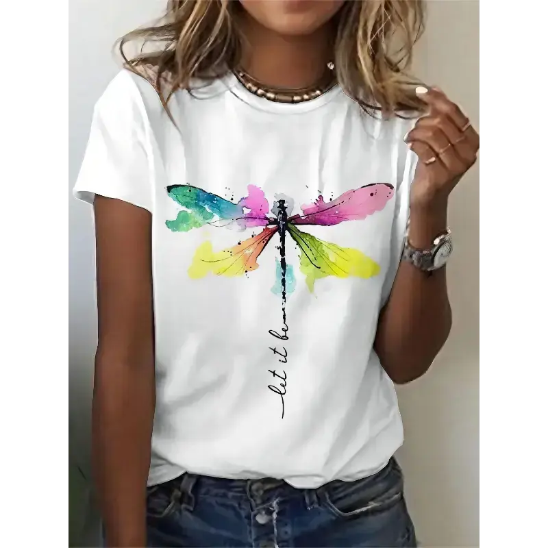 Dragonfly Graphic Print T-shirt, Unisex Relaxed Fit Streetwear Garment in 100% Cotton, Lightweight Round Neck Tee, Prints, Shortsleeve, Peel-Proof Print