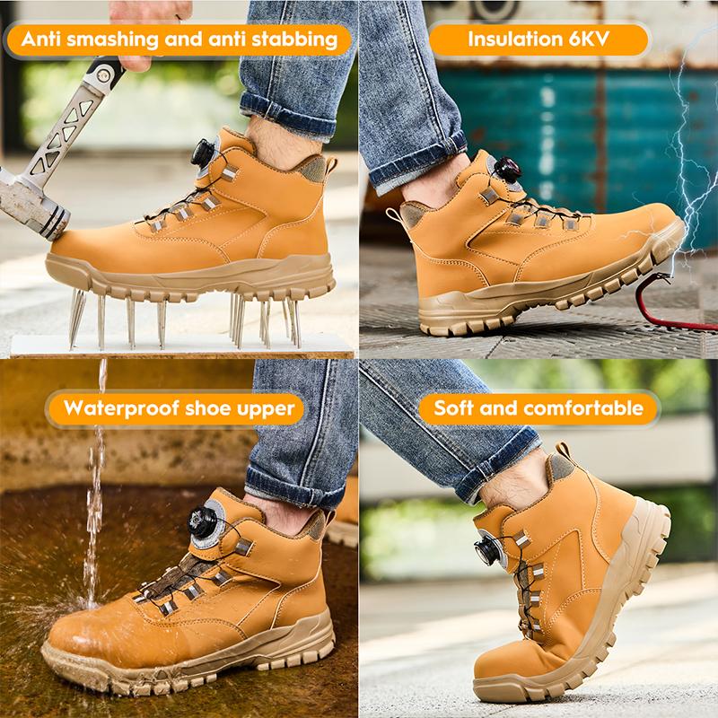 Men’s safety shoes with steel toes, impact-resistant and puncture-proof; non-slip, wear-resistant high-top safety boots; quick lace-up with rotating buttons; waterproof, splash-resistant upper; suitable for construction sites, durable and long-lasting.