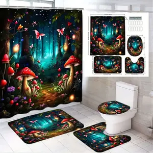 1/4pcs Whimsical Enchanted Forest Bathroom Set - Magical Nighttime Scene Shower Curtain with Amanita Mushrooms, Purple Wildflowers & Glowing Orbs, Matching Toilet Lid Cover & Cozy Bath Rugs, Perfect for Fairy Tale Inspired Decor, Shower Curtain Sets
