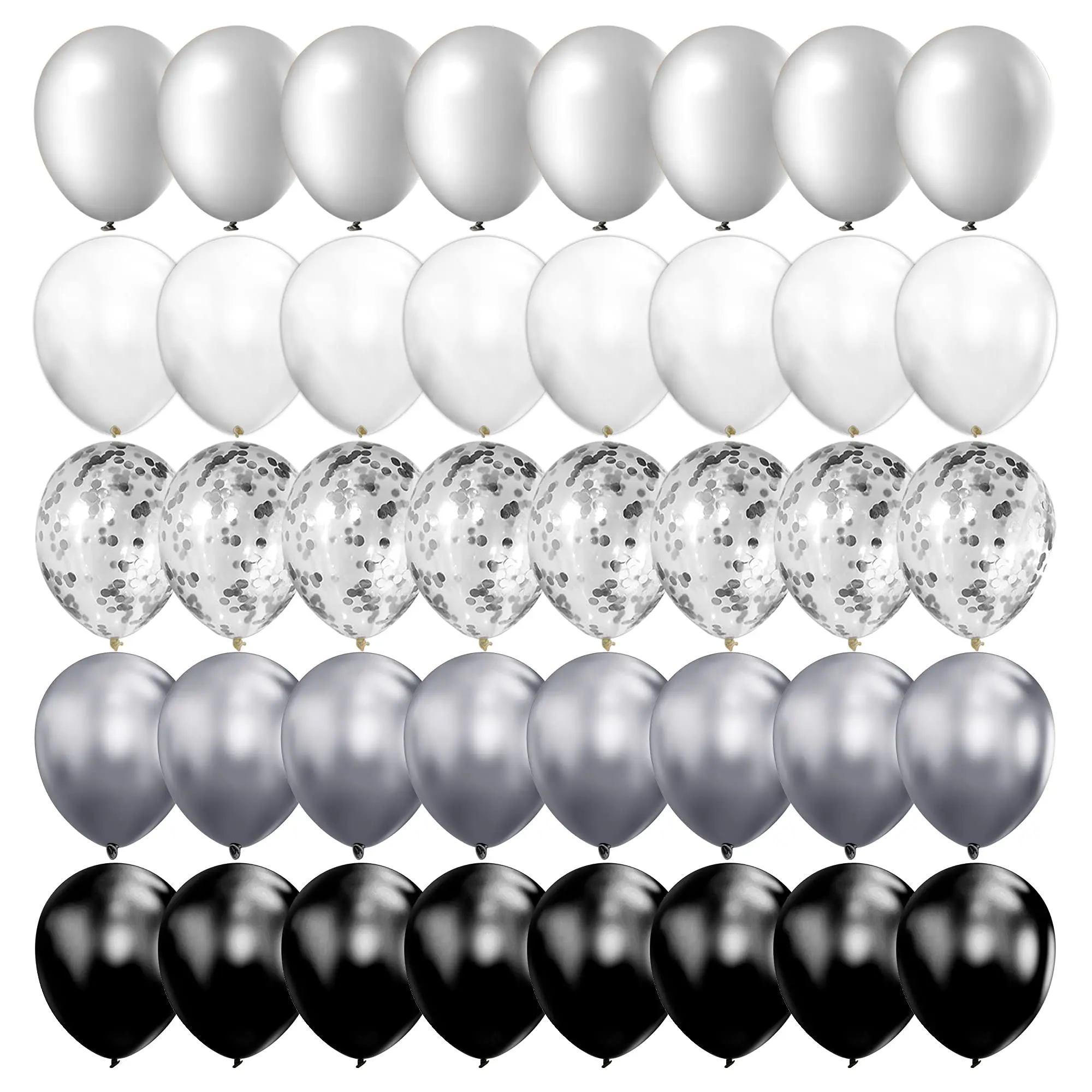 100pcs 12 inch chrome metallic and confetti balloons in silver, black, and white perfect for weddings, engagements, and birthday decorations create a stunning party atmosphere