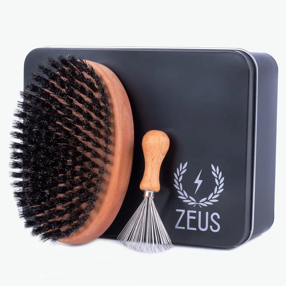 ZEUS Military Style Boar Bristle Beard Brush with Cleaning Rake