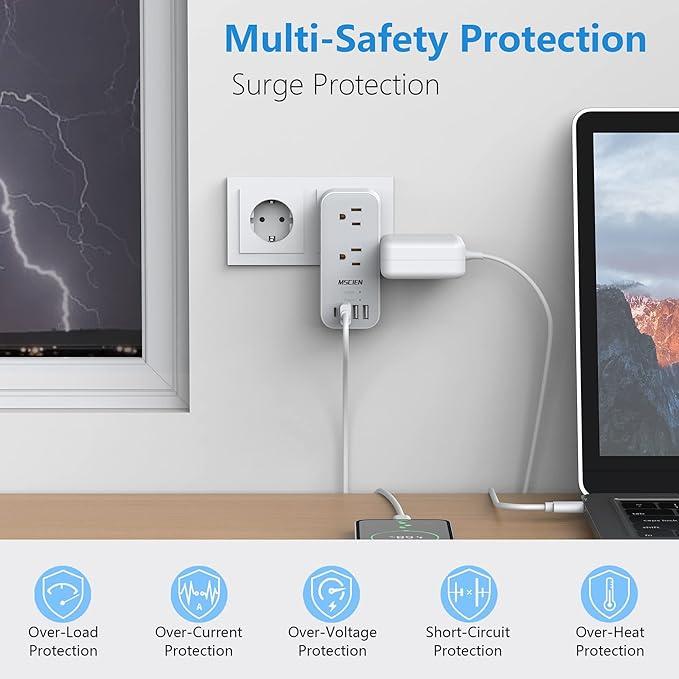 European Travel Plug Adapter, International Power Plug Adapter with 6 Outlet 4 USB(1 USB C), Type C Plug Adapter Travel Essentials to Most Europe EU Italy Spain France Germany Switzerland Portugal