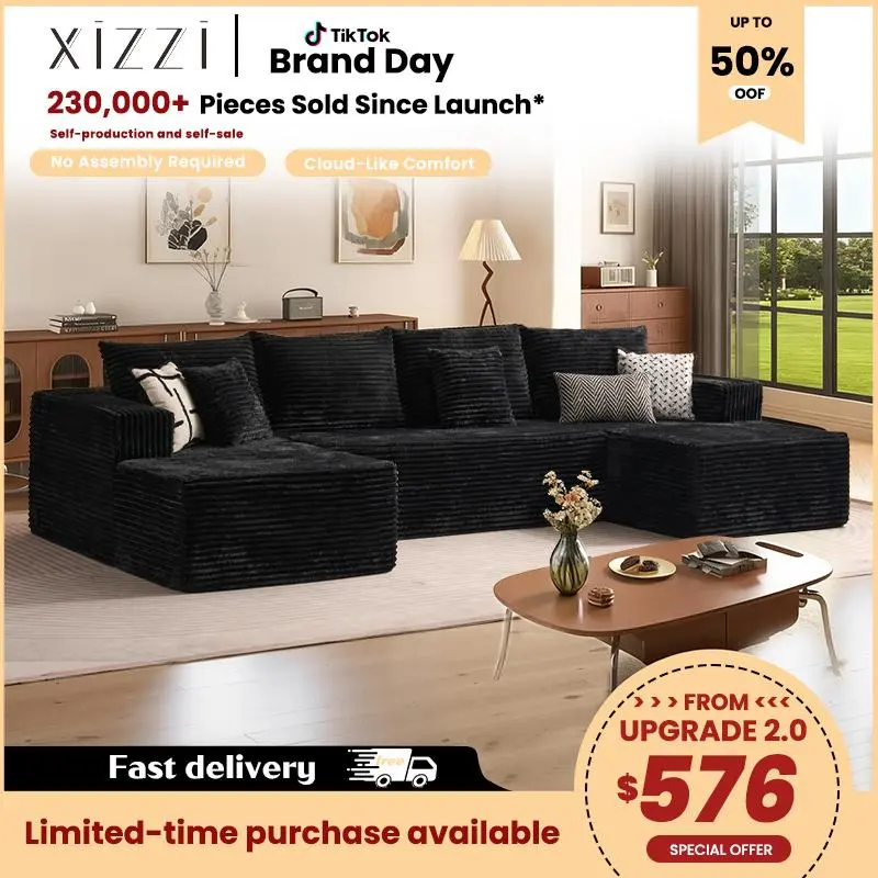 [3 or 2 Packages Shipped] XIZZI U-shaped Modular Sectional Sofa, Compressed Corduroy Fabric, Modern Style Living Room Sofa Bed, Space-Saving Recliner Design - Convertible Corduroy Sectional Sofa