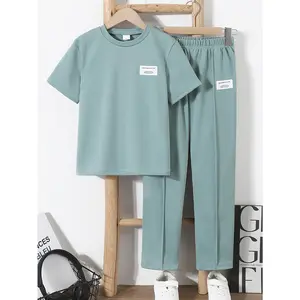 Boys Solid Color Basic Crew Neck T-Shirt & Pants 2-Piece Set (Mint Green,8-12Y) Ready STock 42511043 Clothes Kids Casual Set