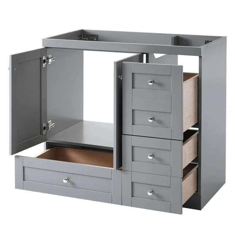 [Brand] 36" Gray Bathroom Vanity Cabinet Only - WF313813AAE, MDF Material, 4 Drawers & 2 Doors, Soft-Close Feature, Stable Structure, Perfect Fit for Small & Medium Bathrooms