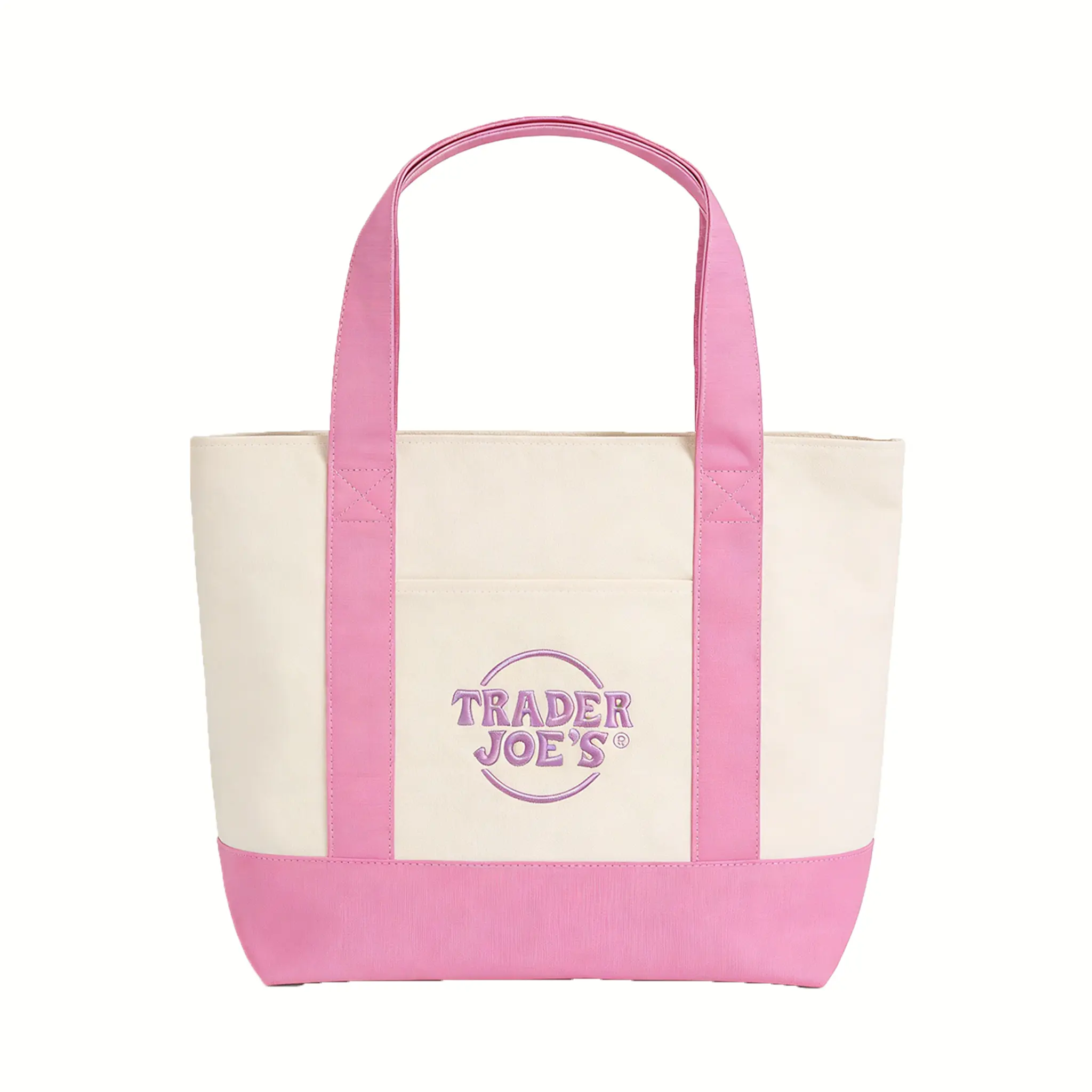 Trader Joe's Pink Canvas Tote Bag for Women, Large Summer Beach Bag, Stylish Travel Shoulder Bag for Shopping, Vacation, Market Runs and Daily Outings