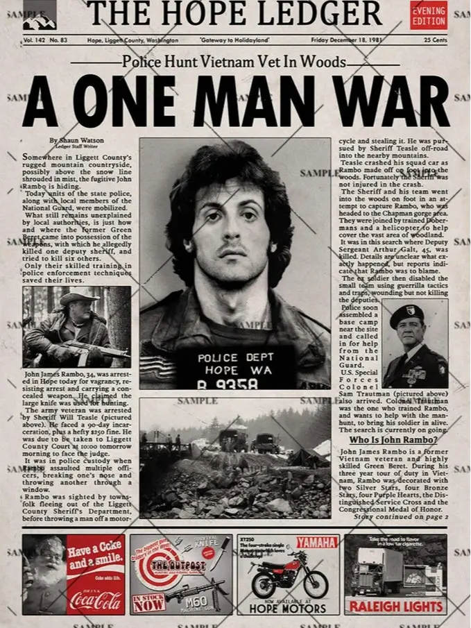 First Blood Rambo Newspaper Poster Print