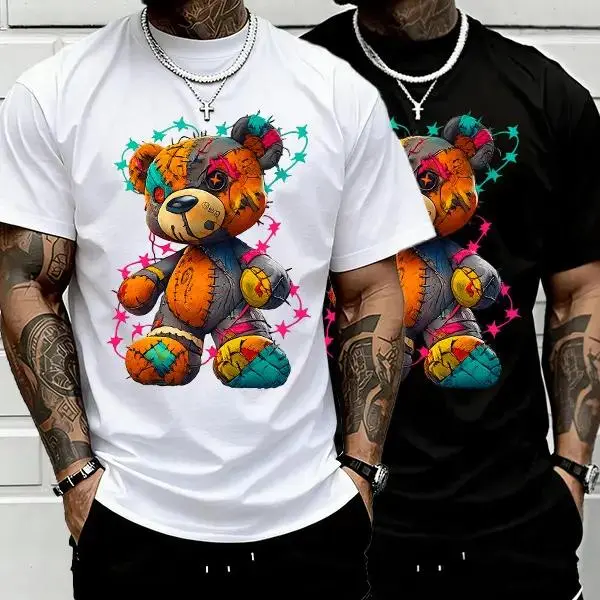 Mens Loose Street Style T-Shirt — Colorful Patchwork Teddy Bear Graffiti, 100%25 Heavyweight Pure Cotton, Urban Y2K Street Casual Short Sleeve, a Must-Have Below $10, Perfect for Retro Parties & Street Snaps, an Essential for Campus & Streetwear., Top,