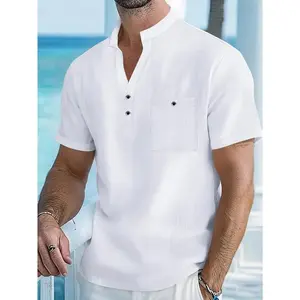 New European and American style mandarin collar T-shirt; short-sleeved linen shirt; men's casual top; thin and loose cotton and linen mens clothing.