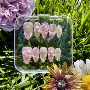 [Spring] Medium Almond Handmade Press on Nails, Fake Nails with Nail tool kit with Jelly Stickers, Reusable, Durable
