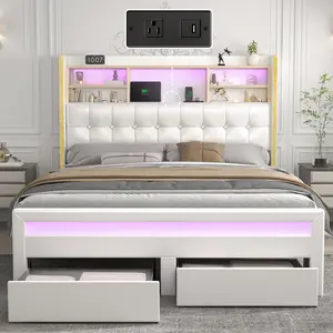 SIBEDS Queen Upholstered Bed Frame with LED Bookcase Headboard, Drawers, Charging Ports, and Tufted Wingback Design for Bedroom