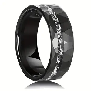 Men'sBlackTungstenCarbideRing|8mmFacetedBrushedFinishwithMeteoriteInlay|FashionableEngagement&WeddingBand|DurableforDailyWear&SpecialOccasions|IdealGiftforChristmas,Birthdays,Anniversaries