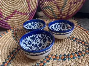 Set of 3 Handmade Deep Bowls  15 cm Blue Palestinian Potery Ceramic خزف فلسطيني