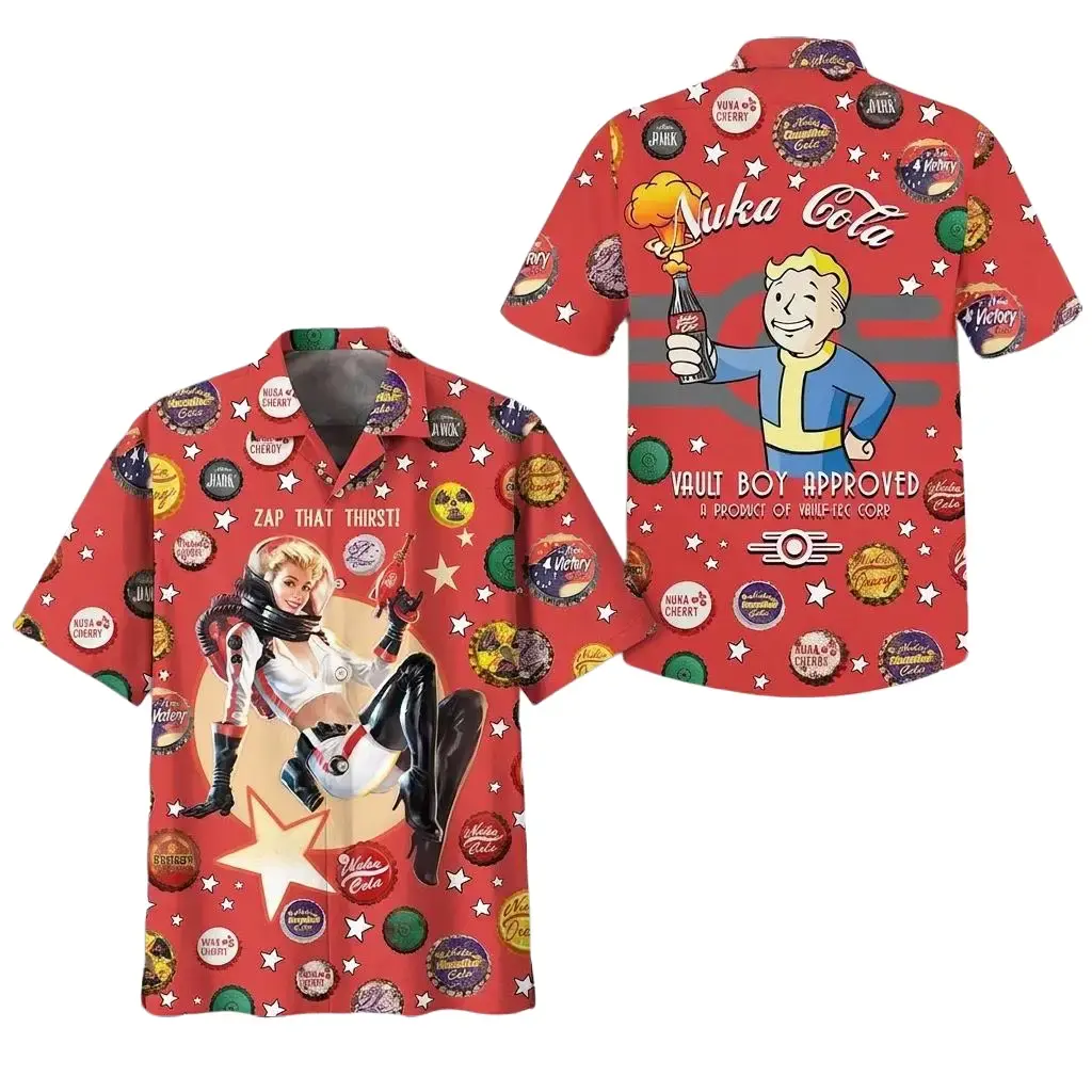 Fallout Nuka CoIa Hawaiian Shirt Men's Red Vault Boy Button Down Short Sleeve Nuka Girl Zap That Thirst Summer Beach Shirt Vintage Video Game Apparel Gamer Gift Bottle Caps Graphic Top