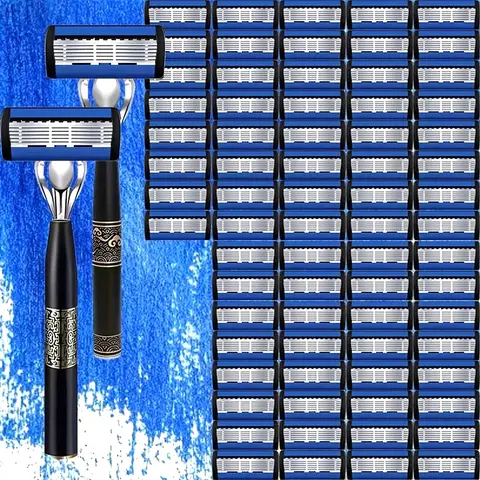 Men's Sleek Stylish Handle Razors - 2 Non-Slip Comfortable Handles, 72 Sharp Replaceable Stainless Steel Blades, No-Ouch Multi-Refill Antibacterial Shaving Tool for Men