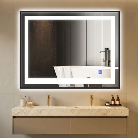 LED Lit Bathroom Vanity Mirror with Wall Switch, Black Aluminium Frame, Dimmable Touch Control, 3-Color Adjustable Lighting, Wall Mounted Anti-Fog Mirror with Memory Function & Timer, Tempered Glass with 3x Bending Strength for Modern Bathroom Decor