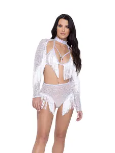 Glittering Groove Rave Outfit for Women - High Waisted Sequin Top and Fishnet Bottom