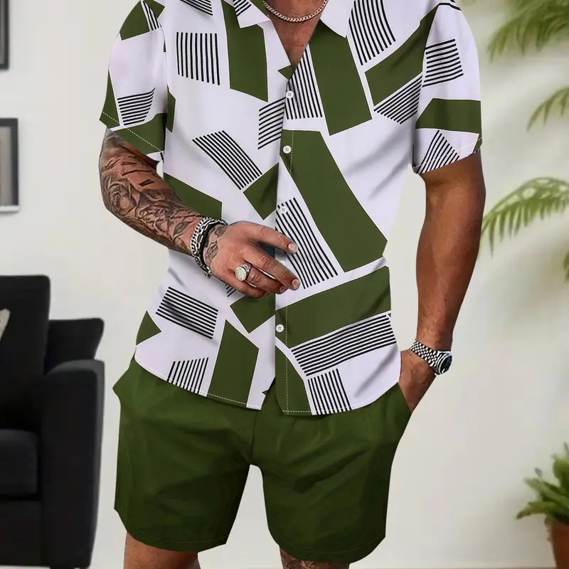 Men's Geometric Print Shirt & Shorts Two-piece Set, Outfits Set, Regular Fit Casual Short Sleeve Collared Top & Shorts, Men's Summer Tropical Clothes for Beach Vacation
