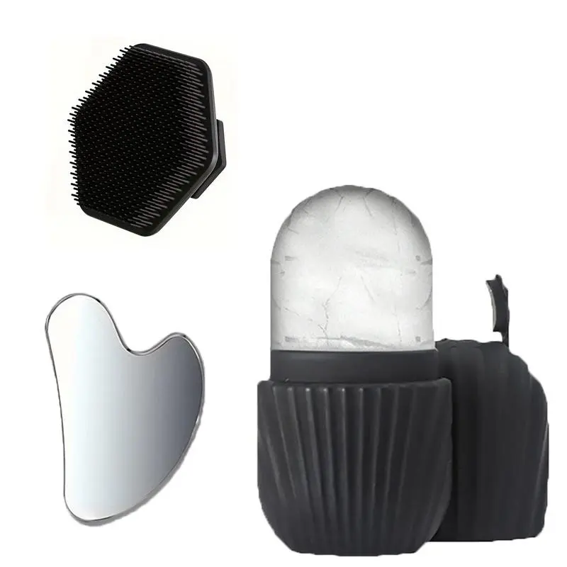 3-Piece Facial Cleansing Set, Stainless Steel Heart Gua Sha Board, Ice Roller, Silicone Face Brush, Facial Cleaning Tool, Facial Cleansing Instrument, Essential Skincare Tools, Beauty Tools, Self Care Tools