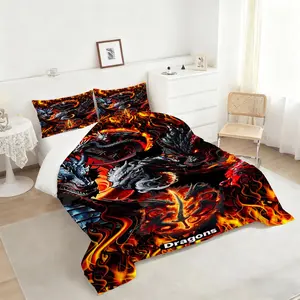 2/3Pcs Fiery Dragon Design Comforter Set, Colorful Mythical Bedding Set, Digital Print Quilted Quilt Perfect for Epic Fantasy Bedrooms, Unique and Stylish Home Decor for All Ages!, 1 or 2 Pillowcase No Pillow Core