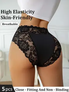 3/5-pack Women's Underwear Lace Underwear High Waist Tummy Control Panel Plunge Sexy Fitting Plant Flower High Quality Women's Printed Soft Triangular Panties Sheer Floral Lace Panty