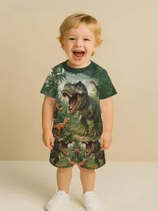 Short Sleeve Set with 3D Dinosaur Print, Fashionable Patterned T-Shirt and Shorts, Prehistoric Animal Design, Comfortable Casual Wear, Young Dinosaur Enthusiasts
